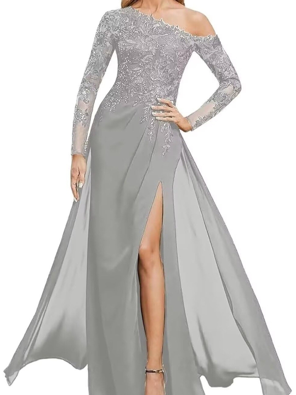 Silver One-Shoulder Embellished Evening Dress Thigh Slit MOB Wedding 6 S Gray